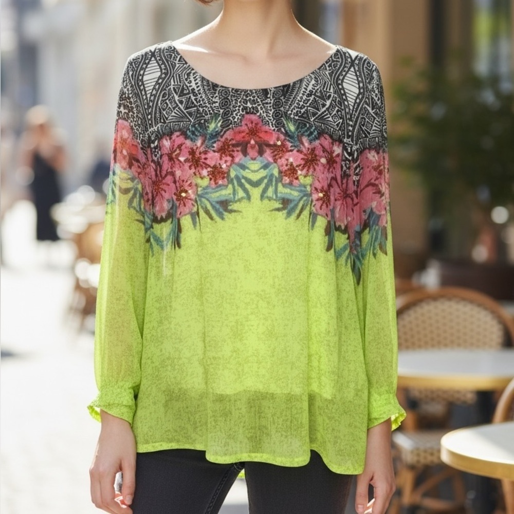 Soft Surroundings Floral And Geometric Print Chiffon Long Sleeve Blouse
